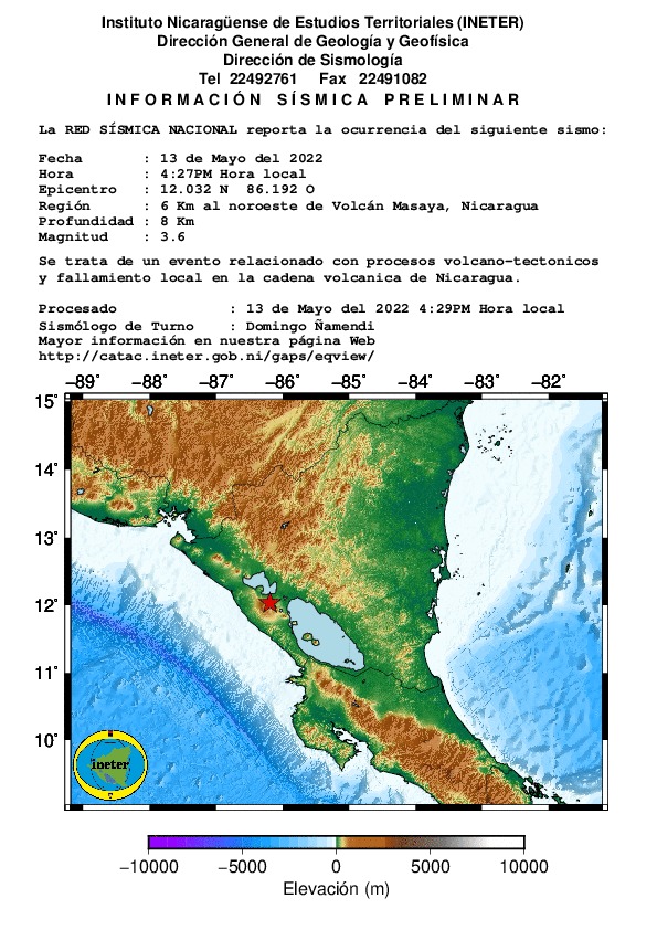 Sismo de 3.6 grados en la escala de Richter sacude parte del Pacífico de Nicaragua