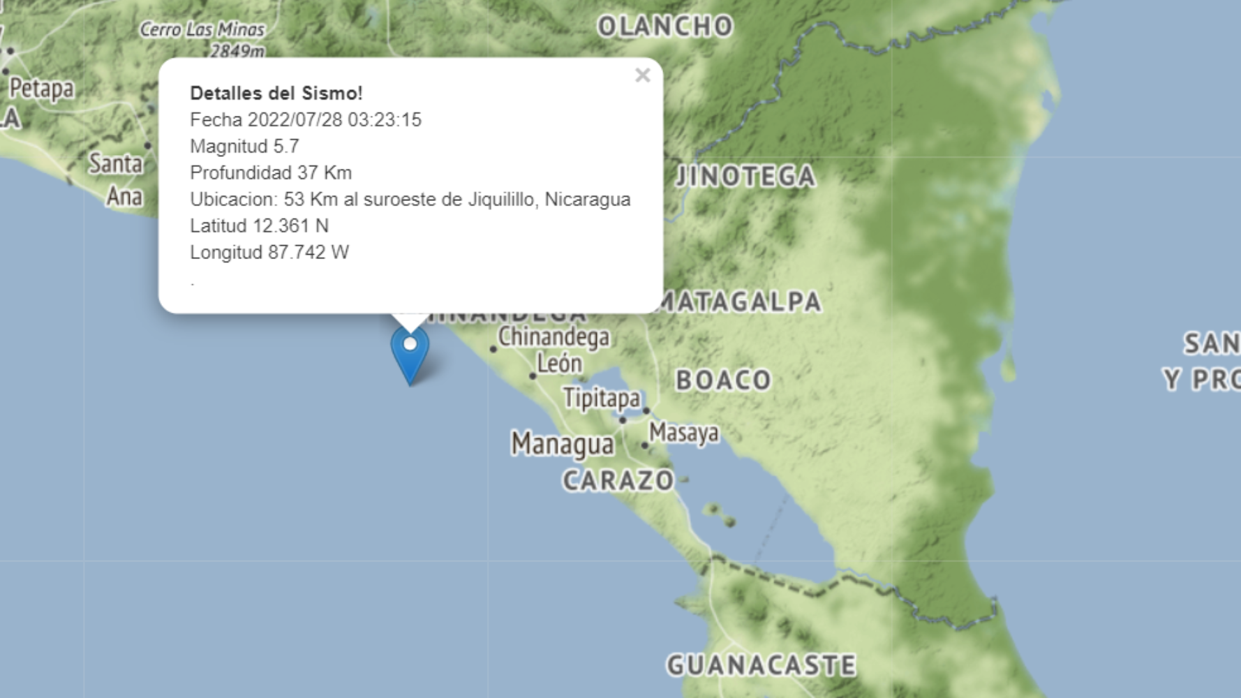 Sismo de 5.7 sacude el Pacífico de Nicaragua