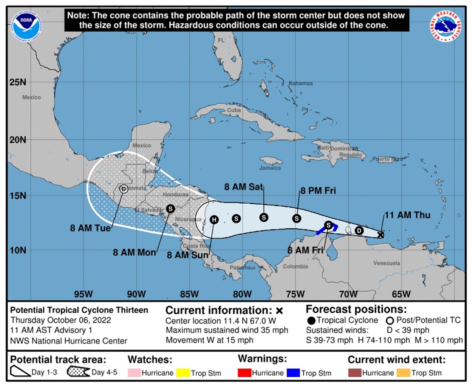 La potencial tormenta tropical Trece podría convertirse en  huracán frente al Caribe de Nicaragua