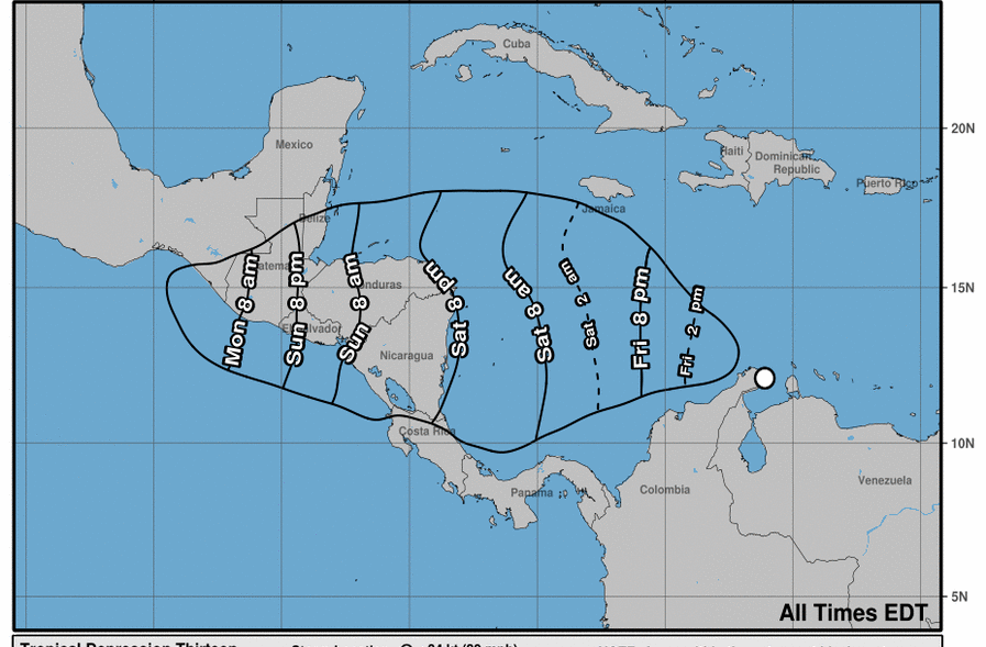 Se forma la depresión tropical trece y podría convertirse en huracán mientras avanza hacia Nicaragua