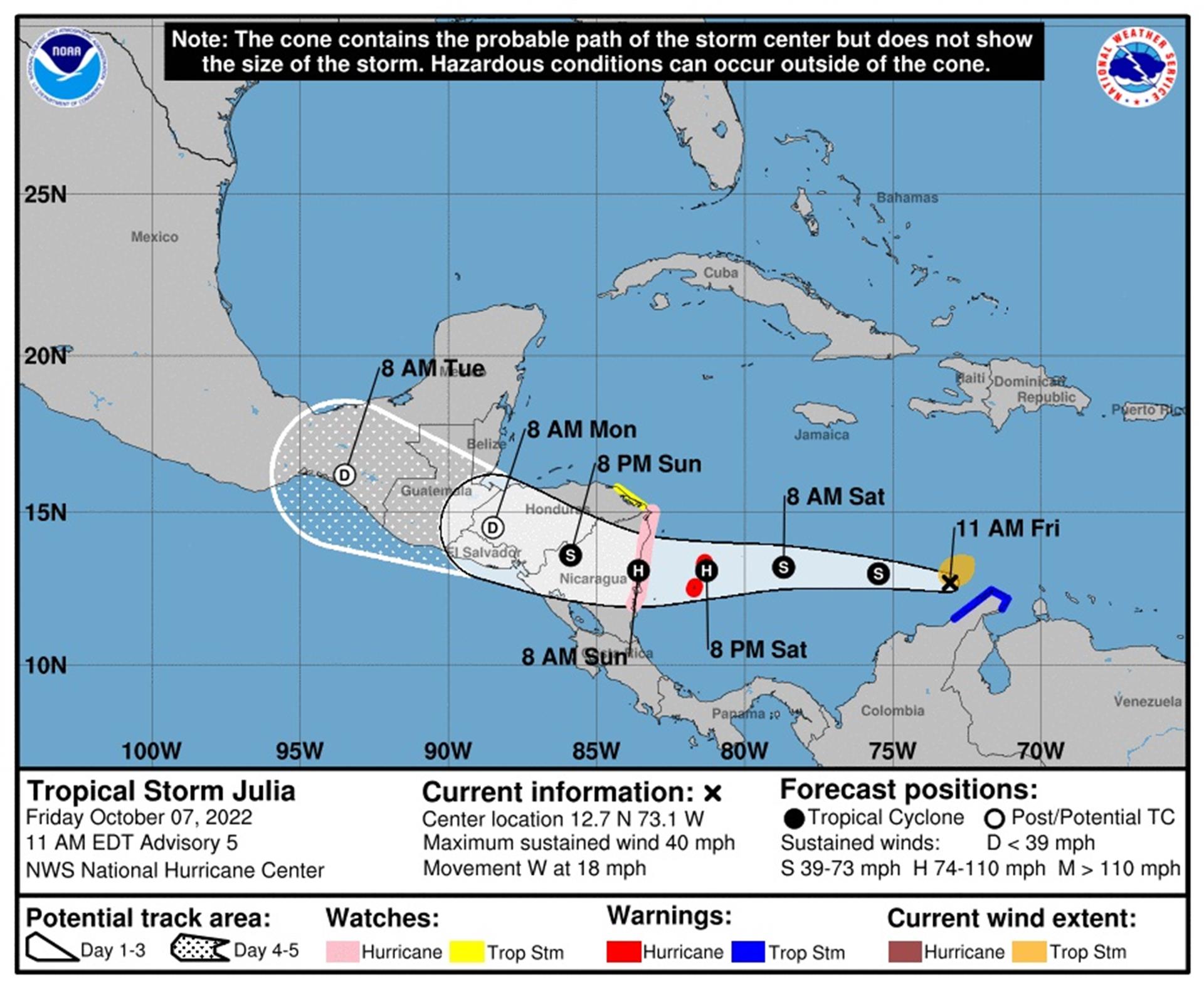 El centro del huracán Julia toca tierra en el Caribe de Nicaragua
