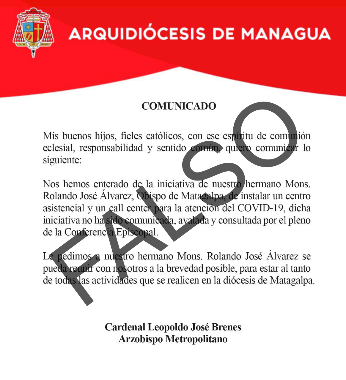 FALSO | Obispos sí estaban al tanto del proyecto sobre prevención de Covid-19, bloqueado por el Minsa en Matagalpa