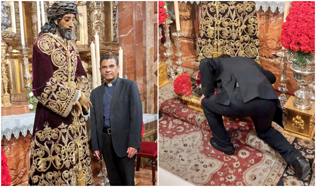 Monseñor Rolando Álvarez venera la imagen de “Jesús de la sentencia”, el Cristo de los presos en Sevilla