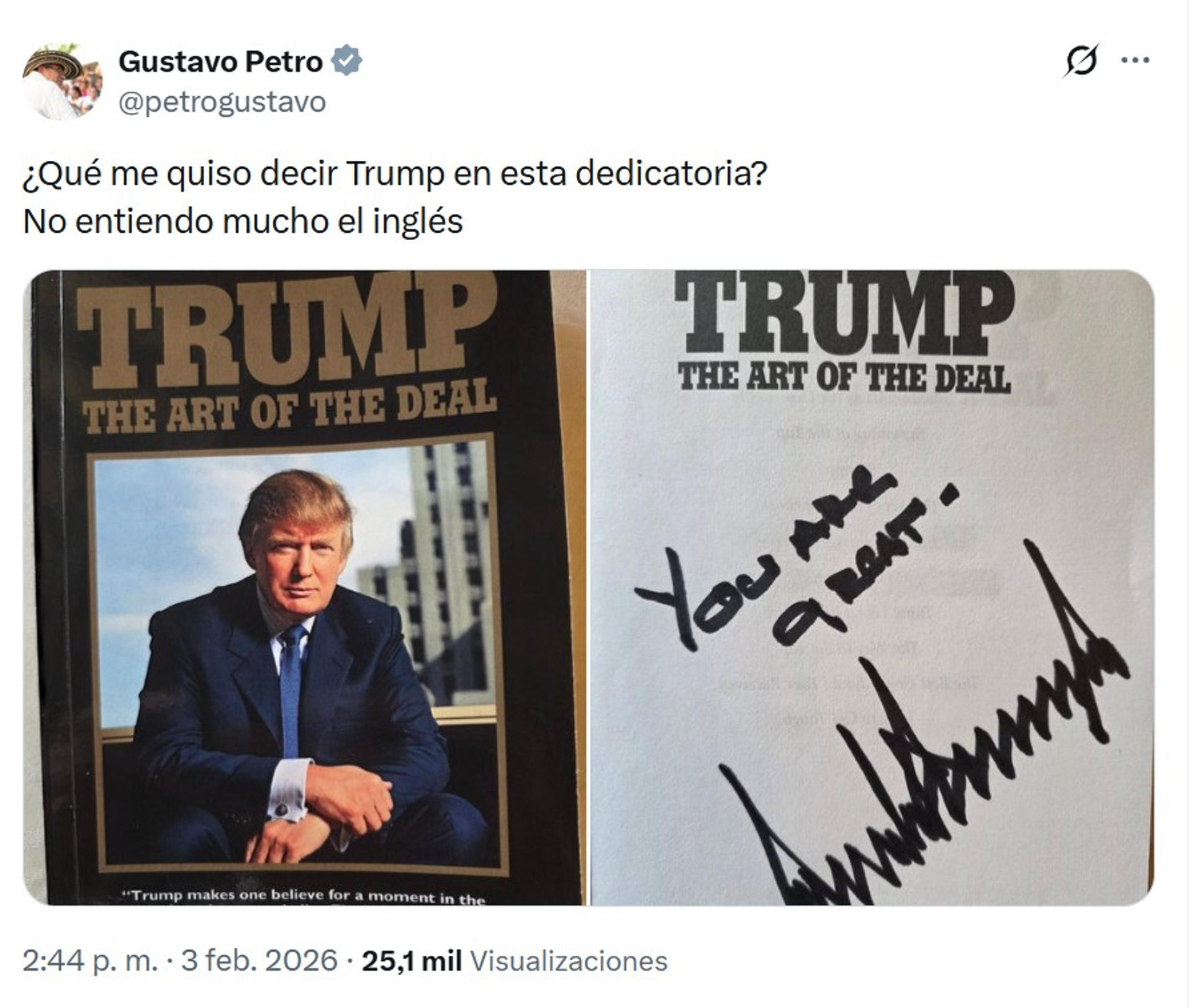 Trump dice a Petro en una tarjeta que fue un «gran honor» conocerlo y que ama a Colombia