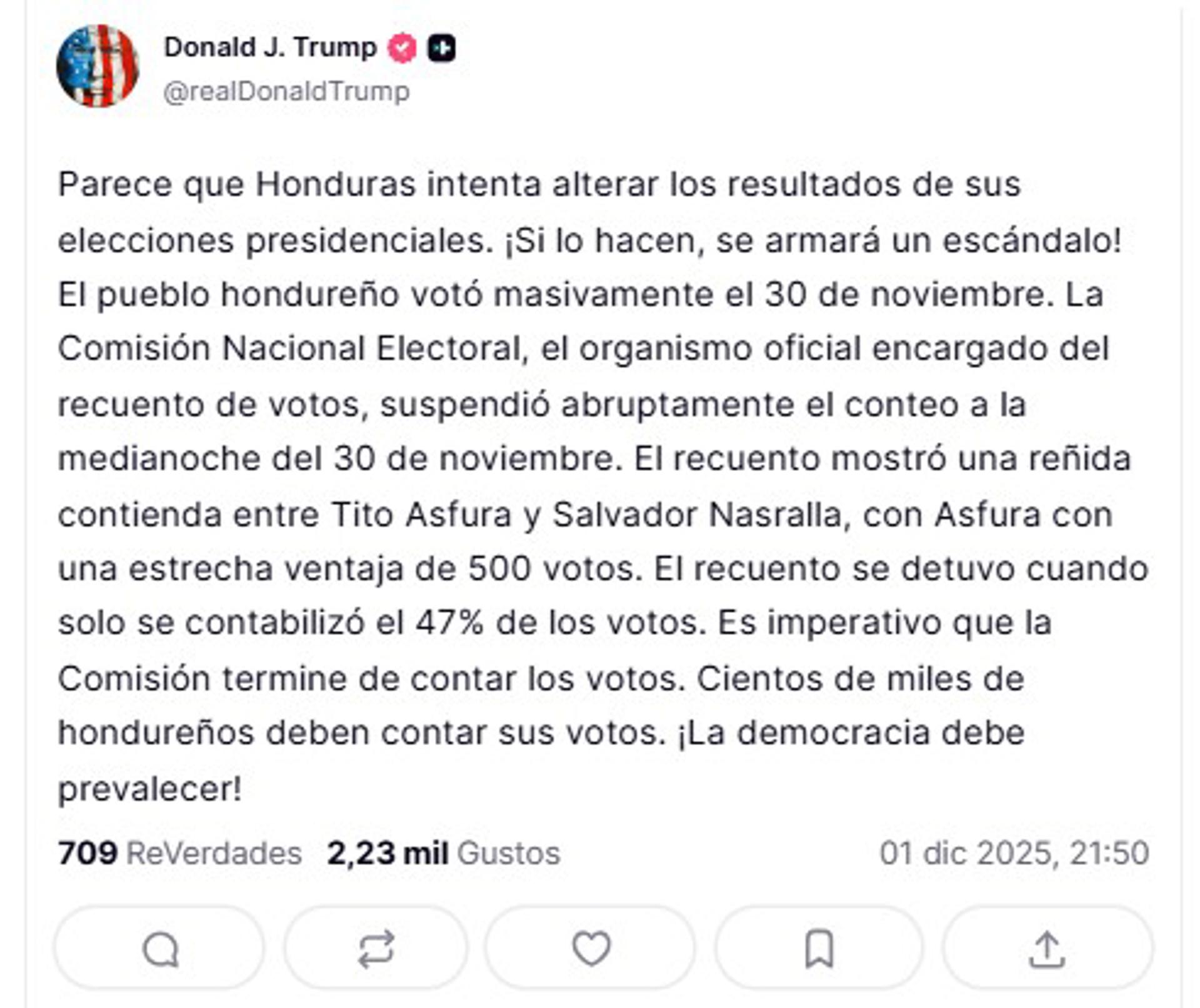 Trump advierte de «consecuencias» si Honduras altera resultados de elecciones presidenciales