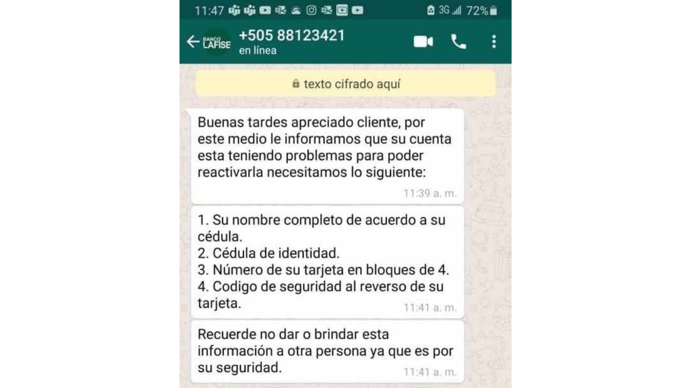 Cuidado con este mensaje que usurpa a Lafise Bancentro y que puede vaciar sus cuentas bancarias