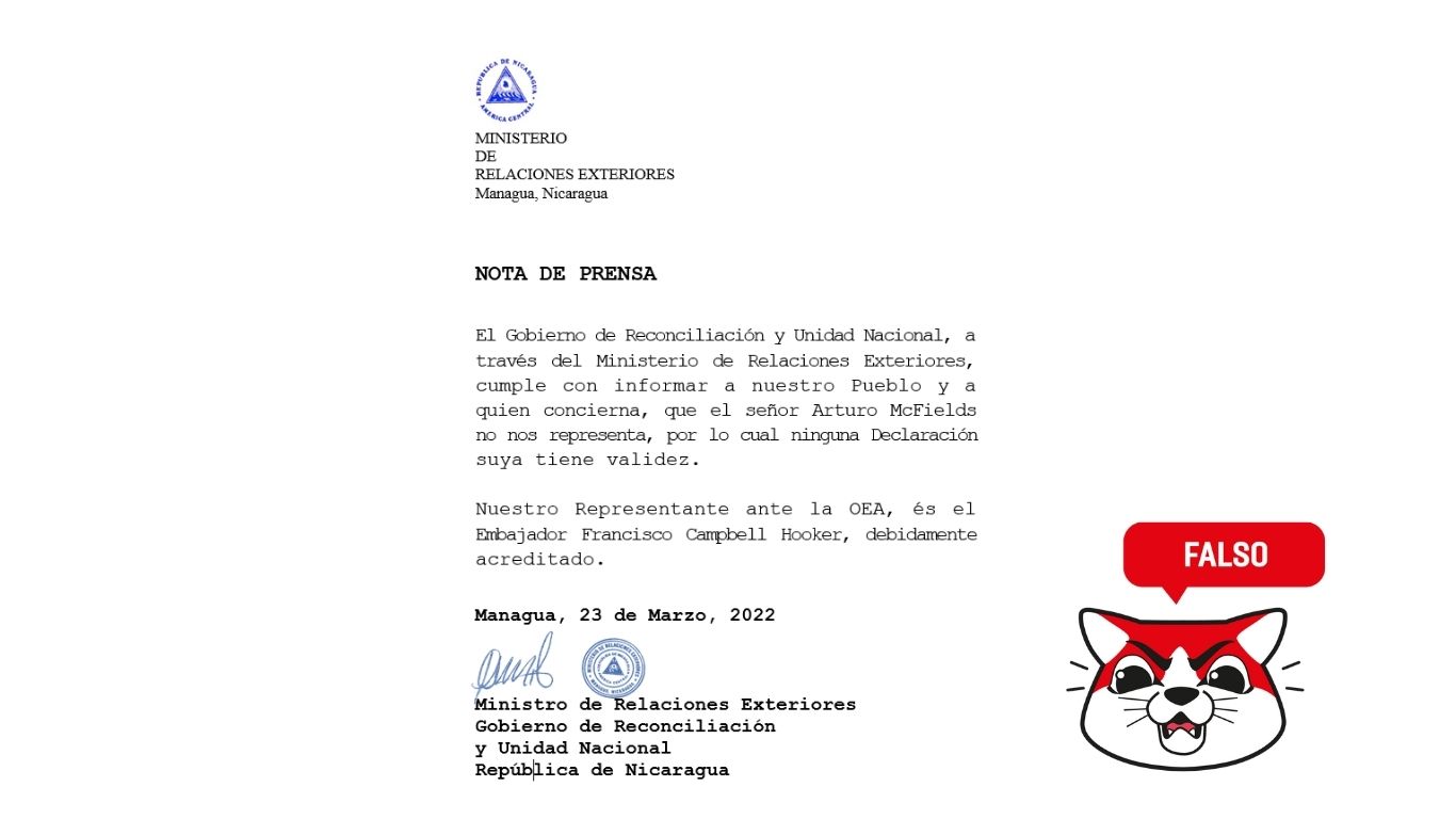 Es falso que Francisco Campbell Hooker era el embajador de Nicaragua ante la OEA y no Arturo McFields