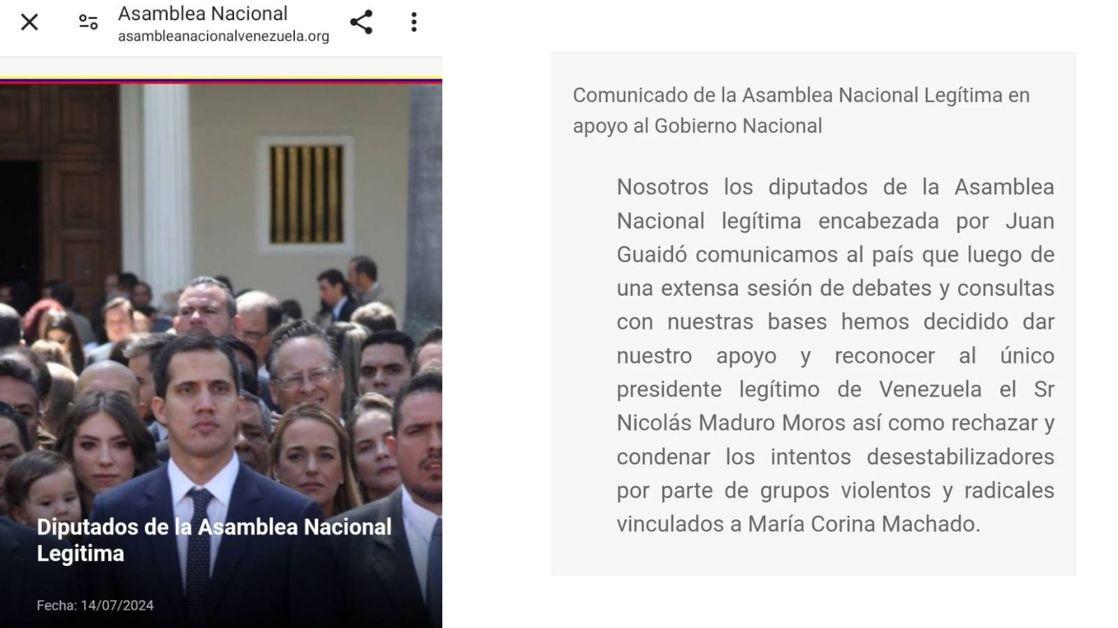 El comunicado de la Asamblea Nacional de Venezuela de 2015 apoyando a Nicolás Maduro es falso