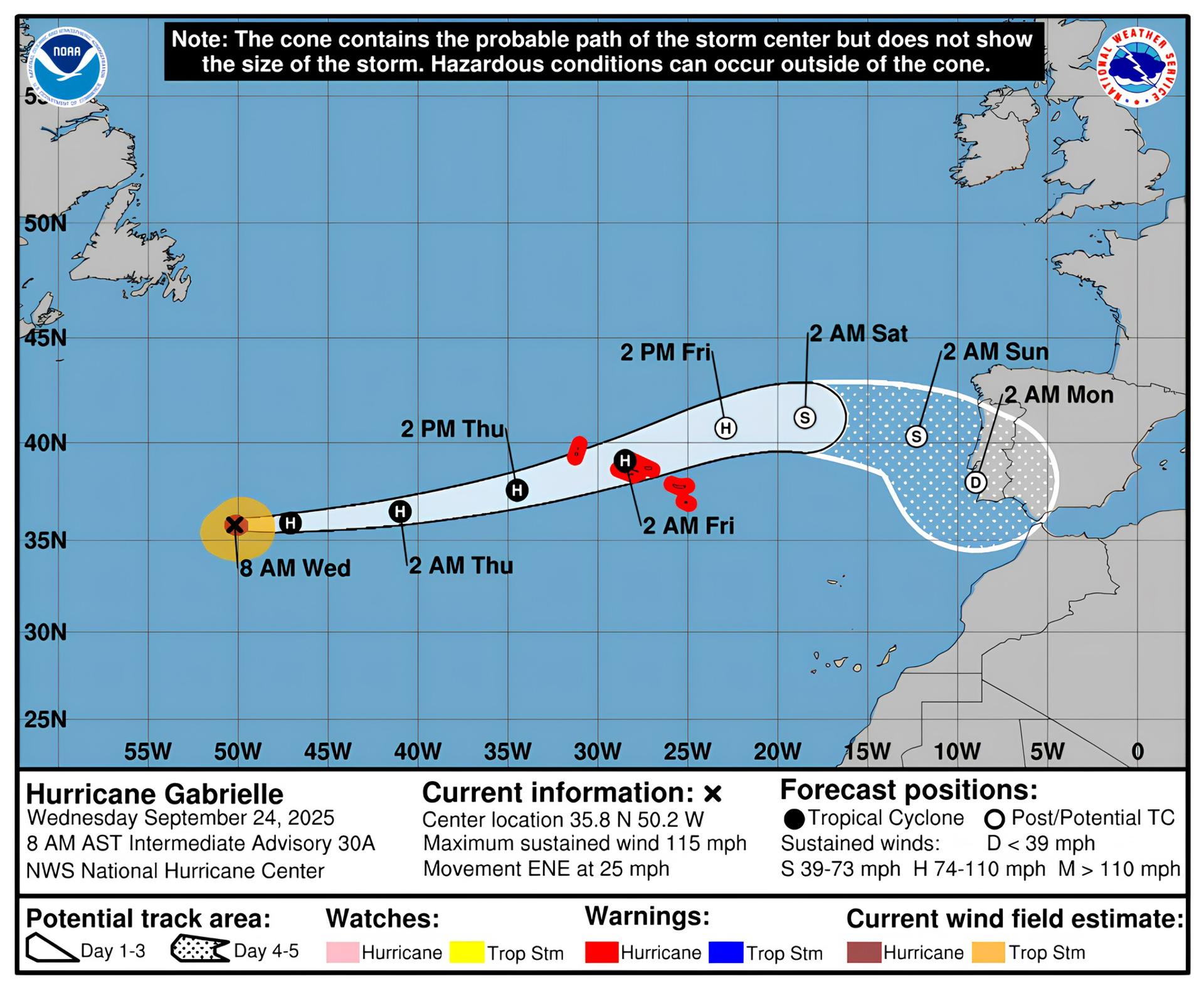 Autoridades de Portugal ponen en aviso rojo a las Azores ante la proximidad del huracán Gabrielle