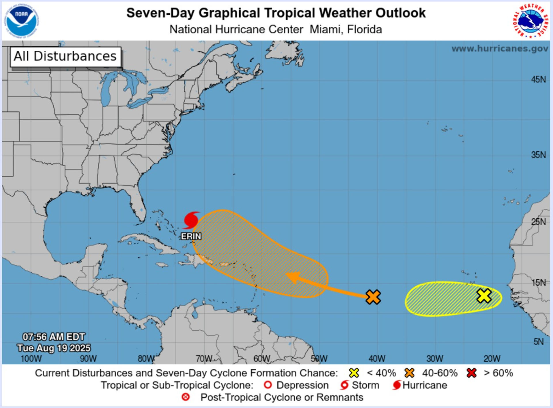El huracán Erin crece y amenaza con marejadas y lluvias a Bahamas y Carolina del Norte